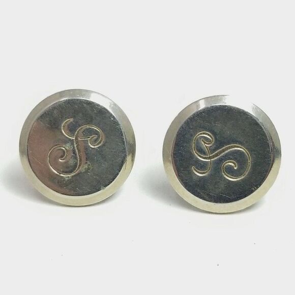 Vintage S Monogram Round Sivler Tone Clip On Earrings Silver Tone Initial Letter - Picture 5 of 6